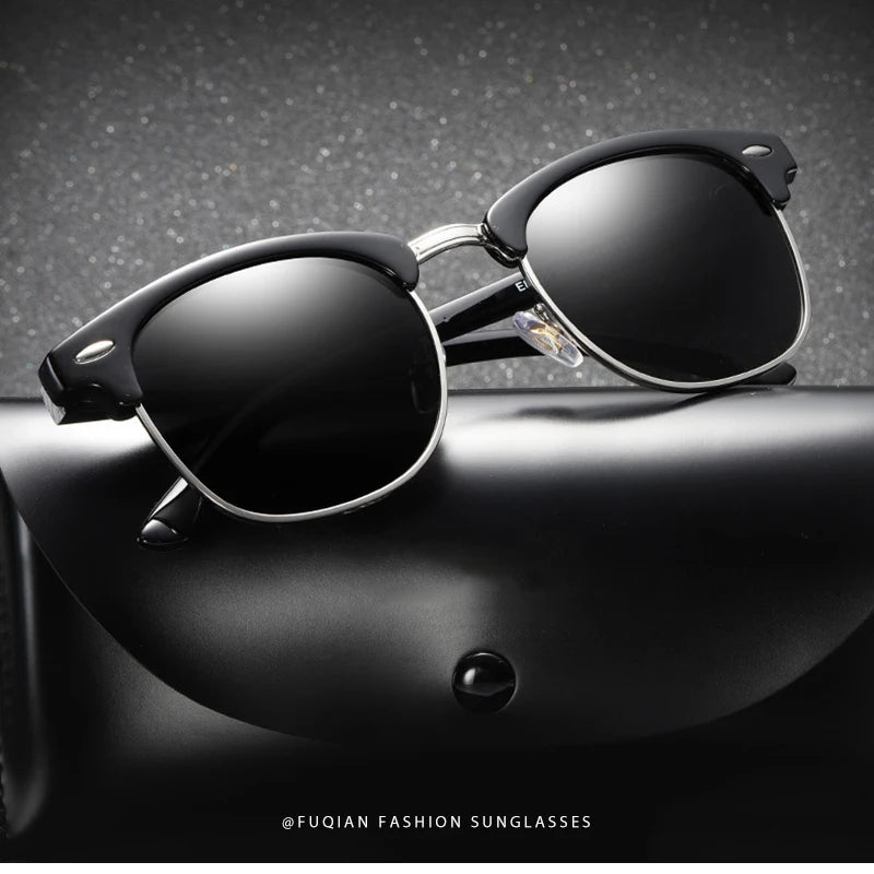 Classic Half Frame Polarized Sunglasses Men Women Retro Square Rivet Sun Glasses Male Vintage Driving Anti-glare Shades UV400