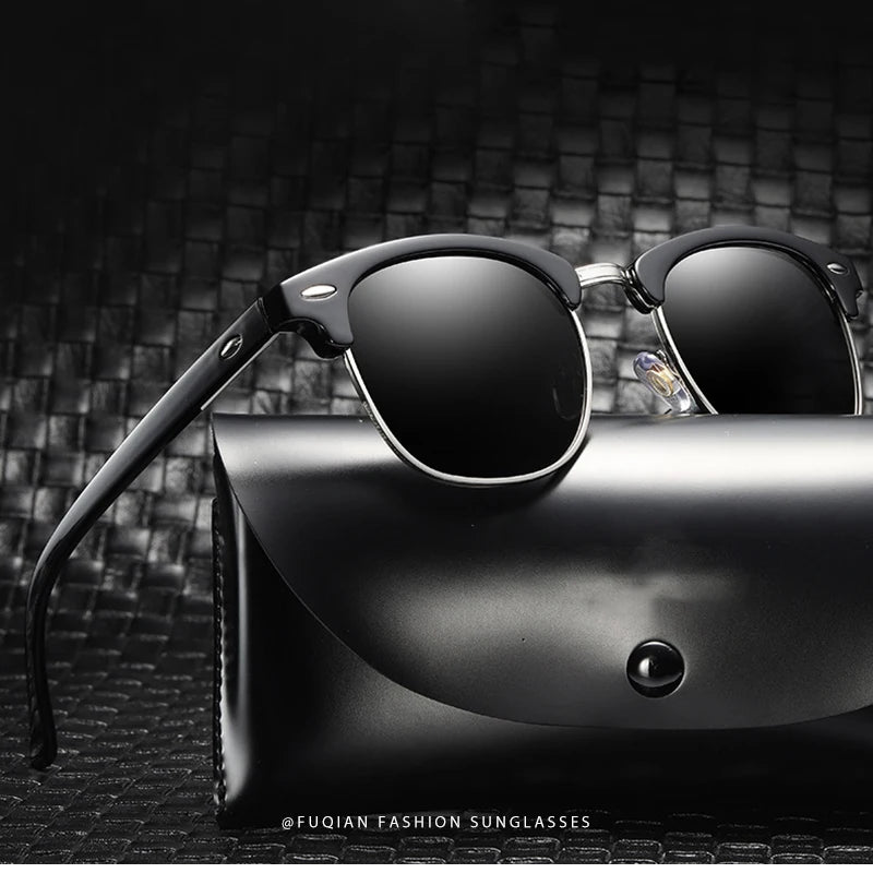 Classic Half Frame Polarized Sunglasses Men Women Retro Square Rivet Sun Glasses Male Vintage Driving Anti-glare Shades UV400