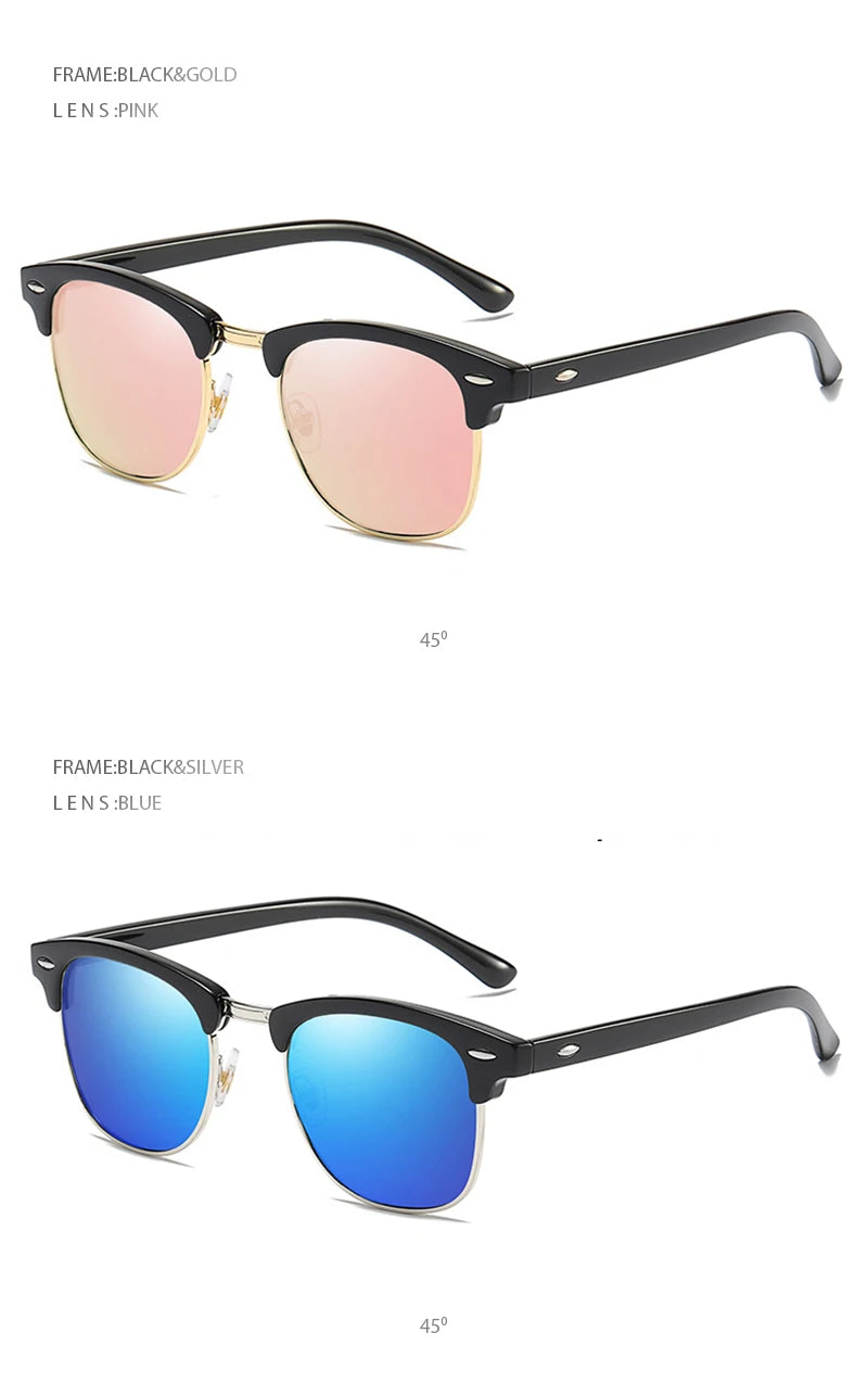 Classic Half Frame Polarized Sunglasses Men Women Retro Square Rivet Sun Glasses Male Vintage Driving Anti-glare Shades UV400