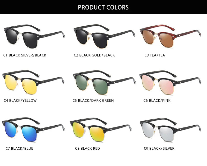Classic Half Frame Polarized Sunglasses Men Women Retro Square Rivet Sun Glasses Male Vintage Driving Anti-glare Shades UV400