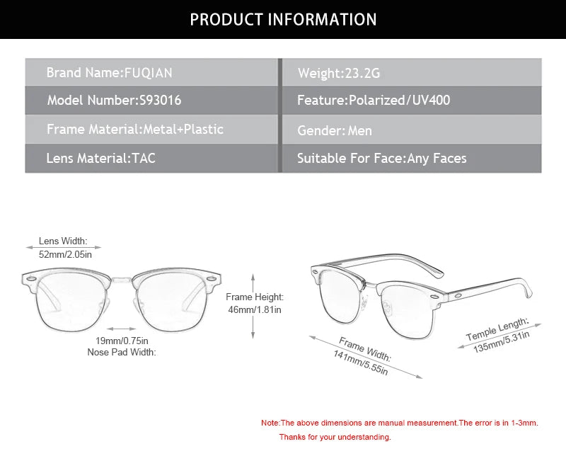 Classic Half Frame Polarized Sunglasses Men Women Retro Square Rivet Sun Glasses Male Vintage Driving Anti-glare Shades UV400